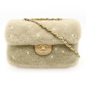 Chanel Pearl Embroidery Shearling Bag Coco Mark Chain Shoulder Bag Mouton Beige